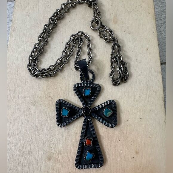 Vintage Signed CII Mexico 925 Sterling Silver Turquoise Coral Cross Pendant - Picture 1 of 6